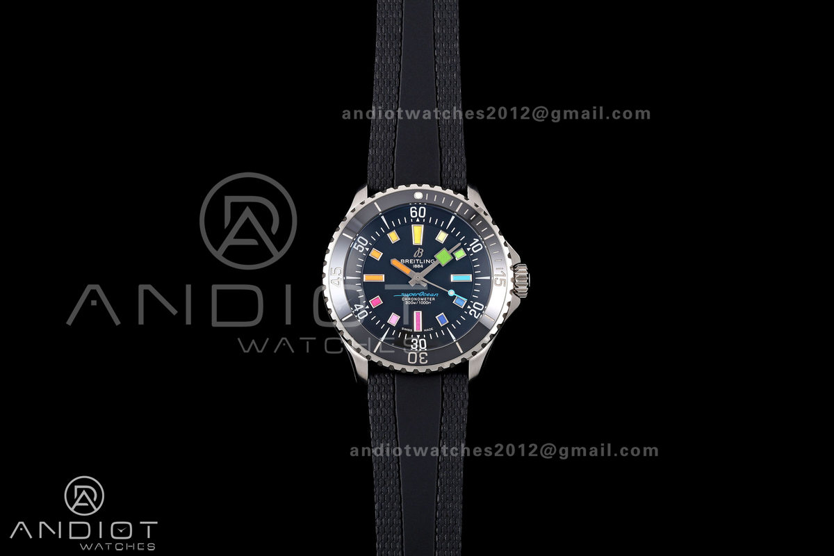 SuperOcean Automatic 42 SS BLF 1:1 Best Edition Black Rainbow Dial on Black Rubber Strap A2824